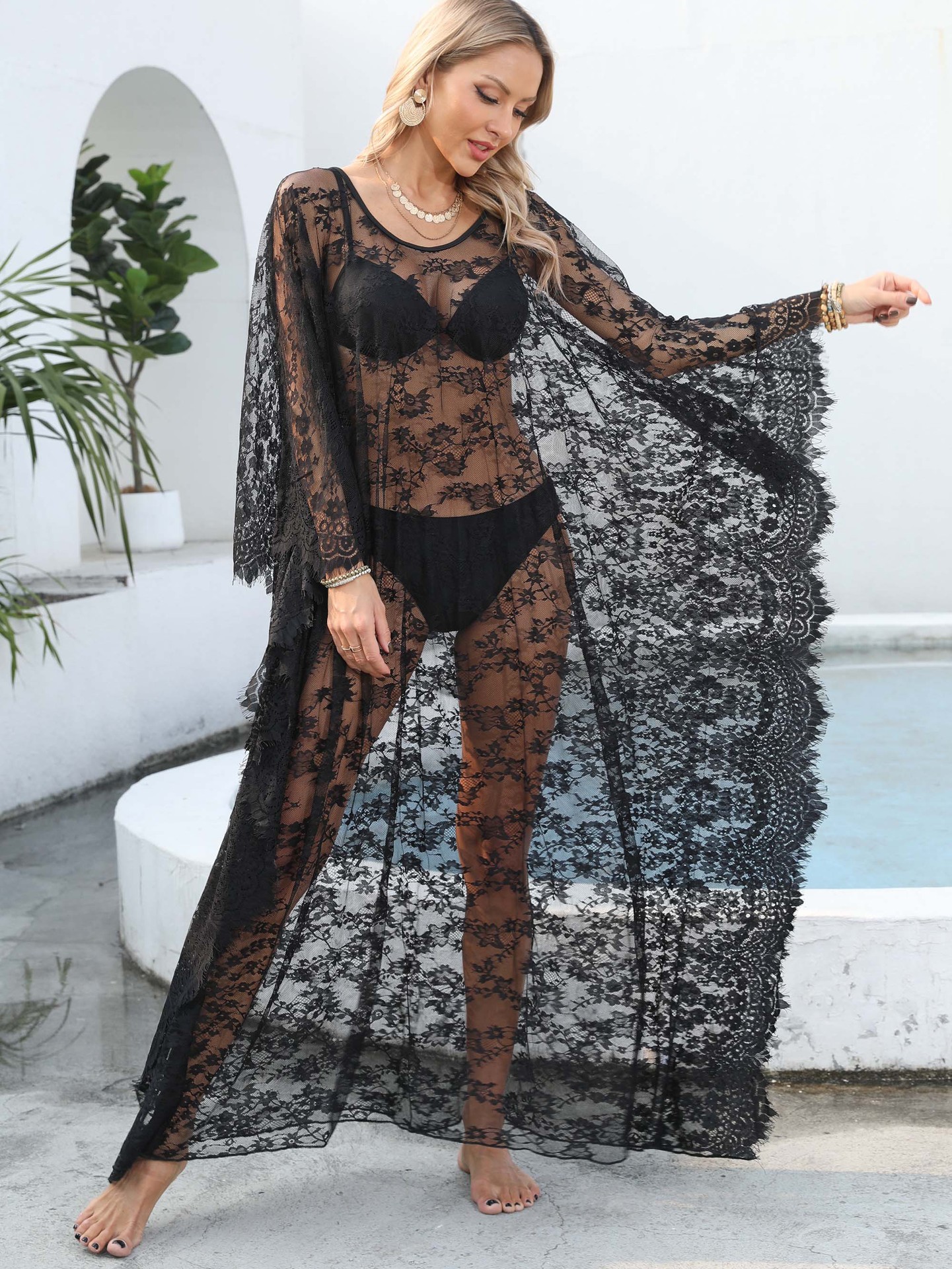 Black Lace Beach Bikini Cover up Robe Sexy Swimwear Hollow out See-through Dress
